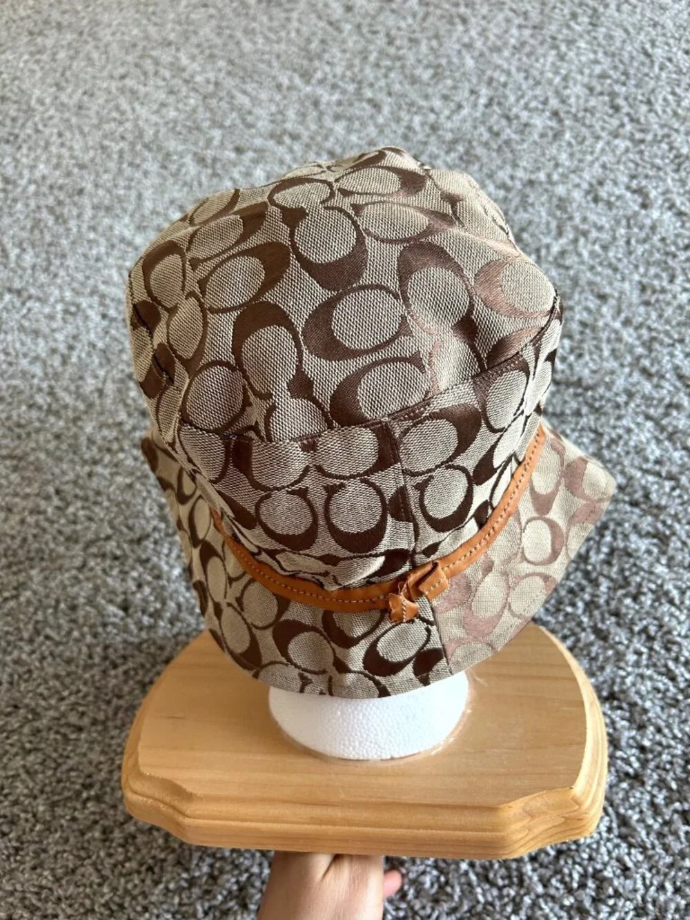 Coach Y2K Unisex Small Tan Signature Pattern Bucket Hat With Leather Trim